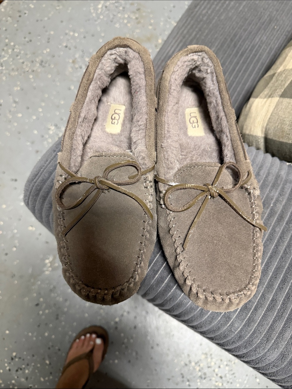 UGG Taupe Suede Moccasin Slippers with Bow